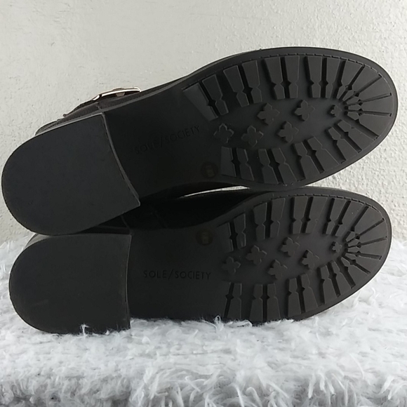 𝅺Sole Society Wylann Brown Leather Almond Toe Block Heel Mid Calf Harness Boot - Picture 8 of 16